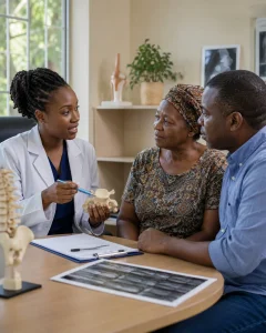 Doctor consulting with an older patient, with a family member present