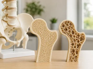 Medical illustration comparing dense healthy bone with porous, fragile bone affected by osteoporosis