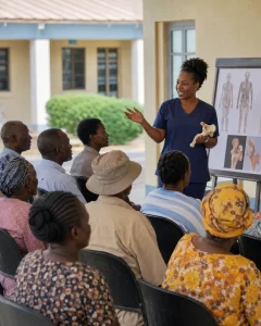A community education session with a speaker, small audience, and simple health materials