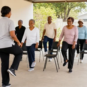 Older Zimbabwean adults taking part in gentle community exercise to support bone strength, balance and healthy ageing